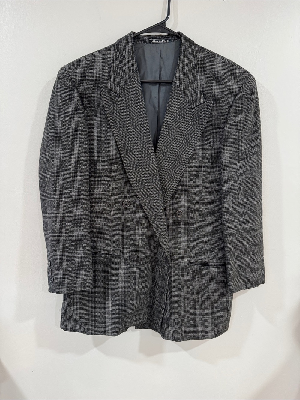 Saks Fifth Ave Men's Double-Breasted Glen Plaid pure virgin wool Blazer Gray